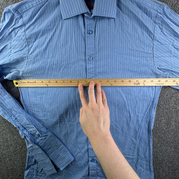 Thomas Pink Long Sleeve Button Up Shirt Men Cotton Striped Blue 15.5 Slim Fit - Picture 4 of 13